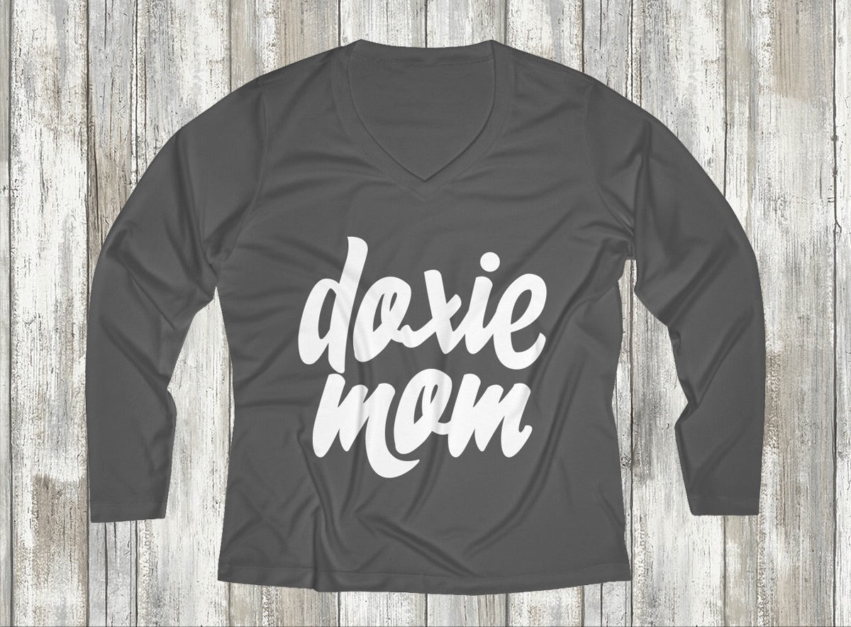 Doxie Mom Women's Long Sleeve Performance V-neck Tee for Dachshund Lovers - Happy Tails
